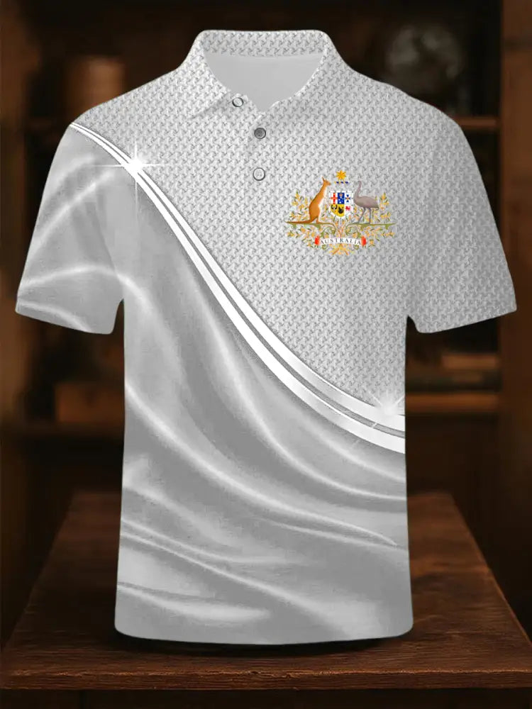 Men’s Vintage Australian Flag Coat of Arms Lines Printed Casual Cotton Short Sleeve Polo Shirt White / S