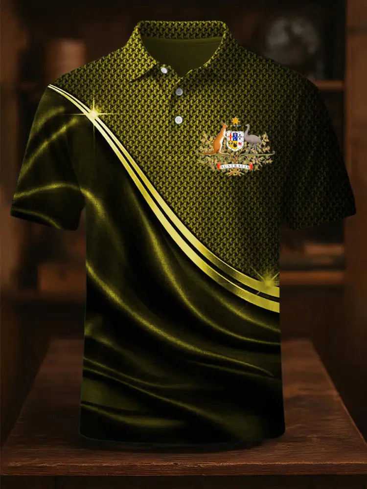 Men’s Vintage Australian Flag Coat of Arms Lines Printed Casual Cotton Short Sleeve Polo Shirt Yellow / S