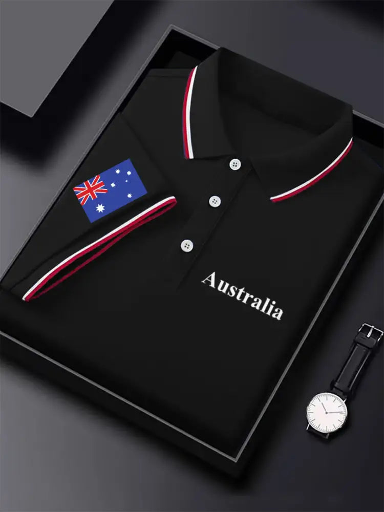 Men’s Vintage Australian Flag Coat of Arms Printed Casual Cotton Short Sleeve Polo Shirt Black / S