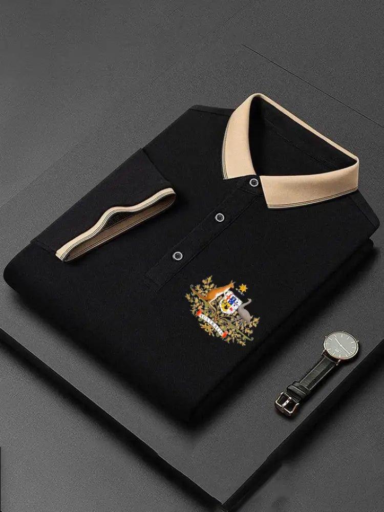 Men’s Vintage Australian Flag Coat of Arms Printed Casual Cotton Short Sleeve Polo Shirt Black / S