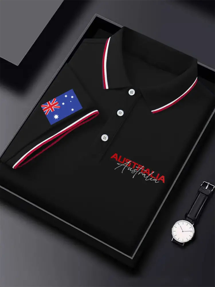 Men’s Vintage Australian Flag Coat of Arms Printed Casual Cotton Short Sleeve Polo Shirt Black / S