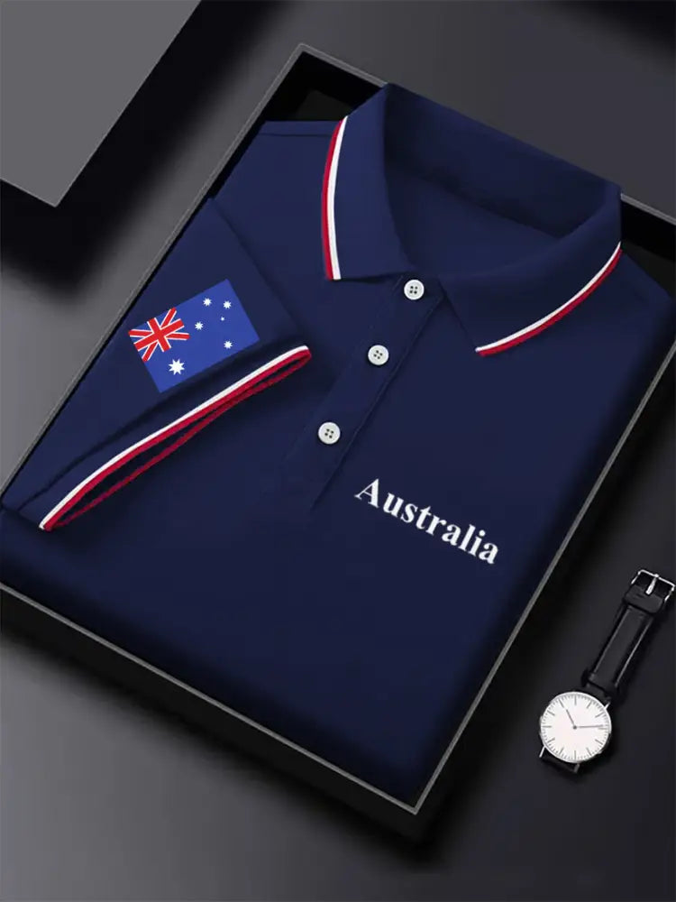 Men’s Vintage Australian Flag Coat of Arms Printed Casual Cotton Short Sleeve Polo Shirt Dark Blue / S