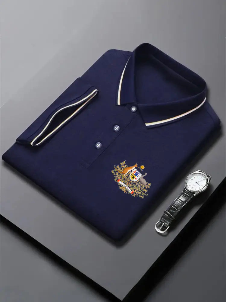 Men’s Vintage Australian Flag Coat of Arms Printed Casual Cotton Short Sleeve Polo Shirt Dark Blue / S
