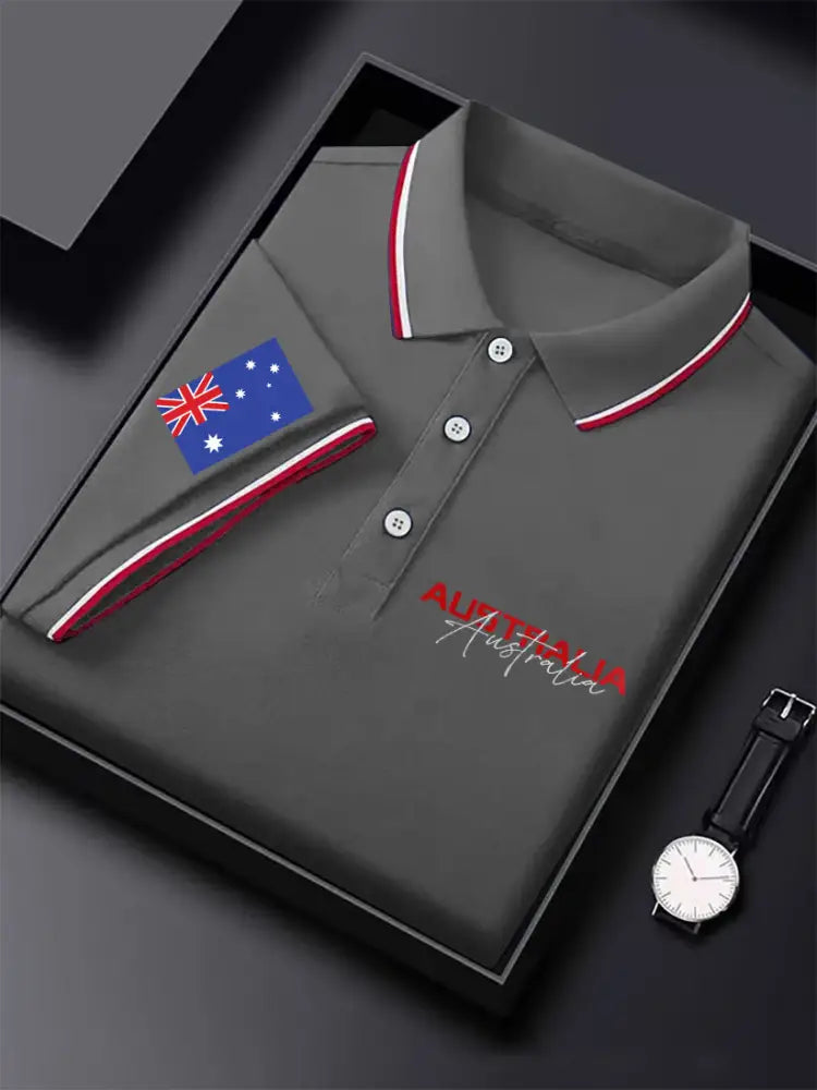 Men’s Vintage Australian Flag Coat of Arms Printed Casual Cotton Short Sleeve Polo Shirt Gray / S