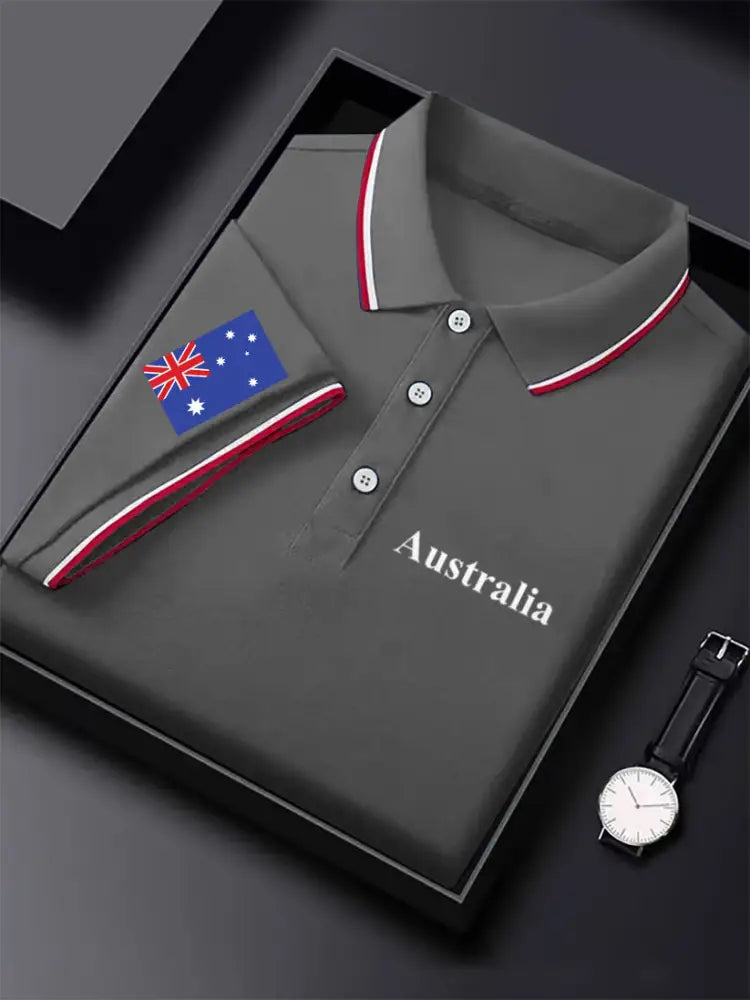 Men’s Vintage Australian Flag Coat of Arms Printed Casual Cotton Short Sleeve Polo Shirt Gray / S
