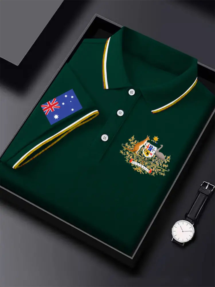 Men’s Vintage Australian Flag Coat of Arms Printed Casual Cotton Short Sleeve Polo Shirt Green / S