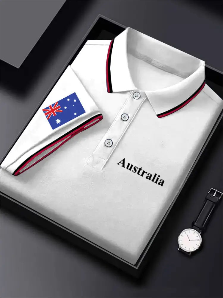 Men’s Vintage Australian Flag Coat of Arms Printed Casual Cotton Short Sleeve Polo Shirt White / S