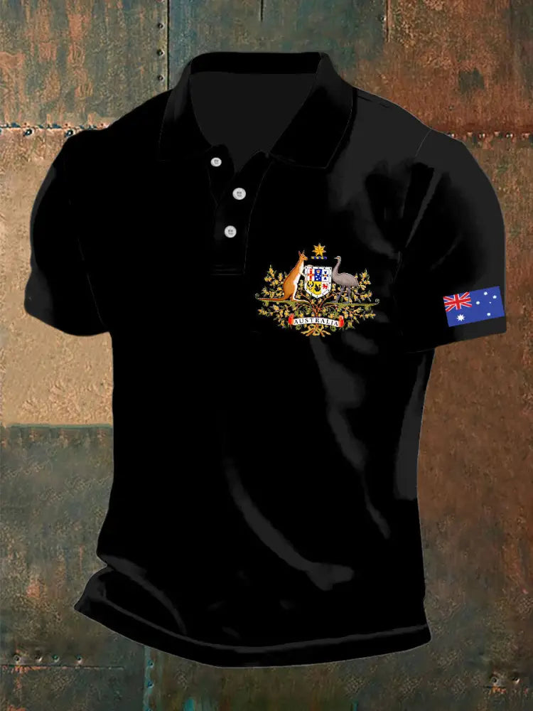 Men’s Vintage Australian Flag Crest Printed Casual Cotton Short Sleeve Polo Shirt Black / S
