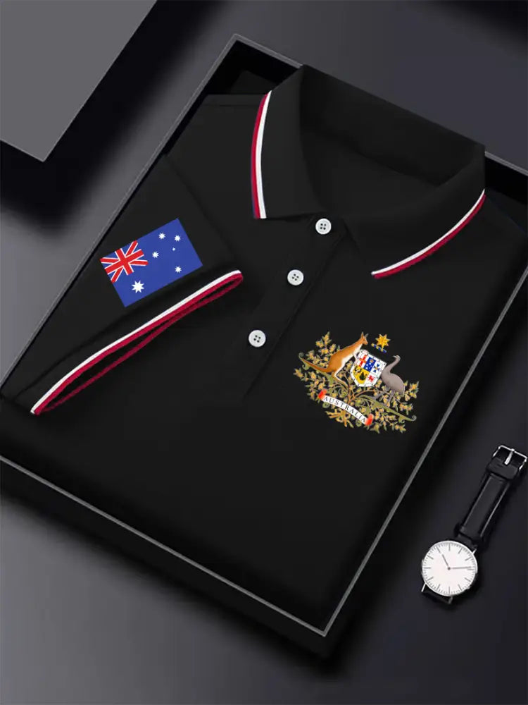 Men’s Vintage Australian Flag Crest Printed Casual Cotton Short Sleeve Polo Shirt Black / S