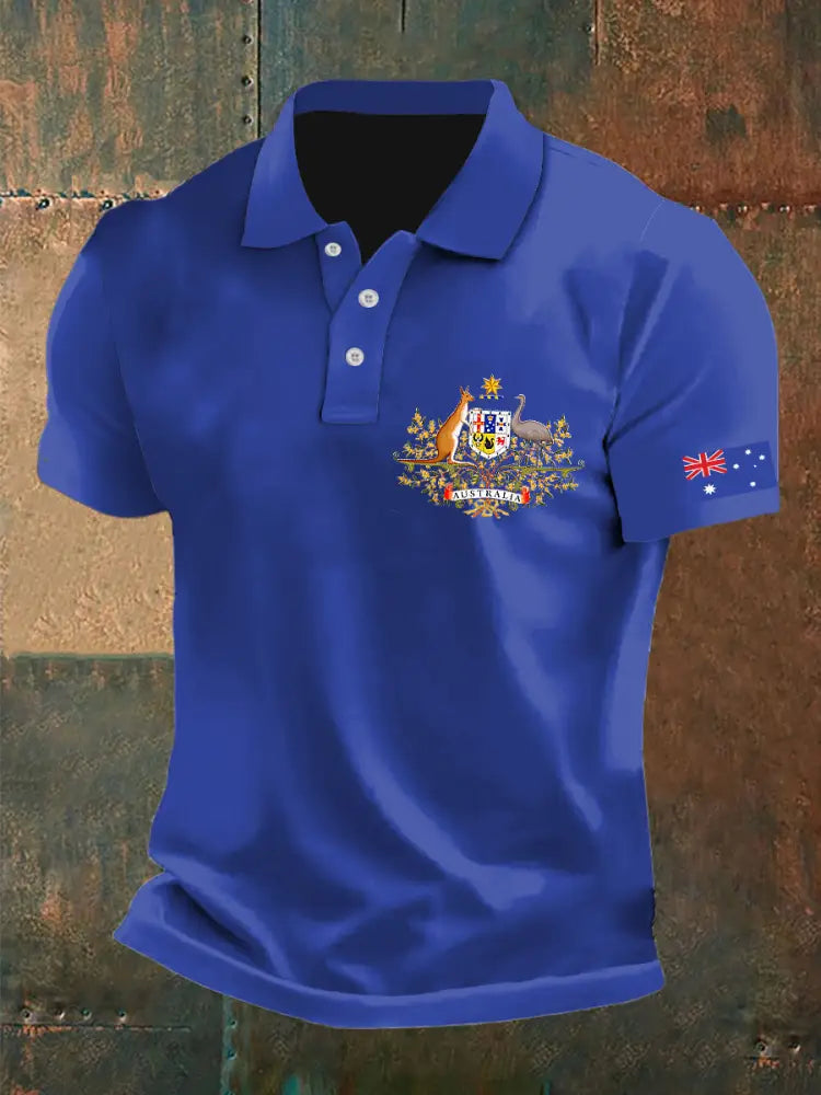 Men’s Vintage Australian Flag Crest Printed Casual Cotton Short Sleeve Polo Shirt Blue / S