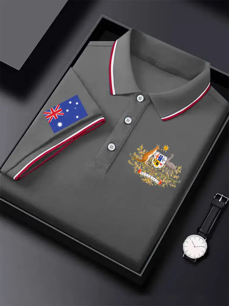 Men’s Vintage Australian Flag Crest Printed Casual Cotton Short Sleeve Polo Shirt Gray / S