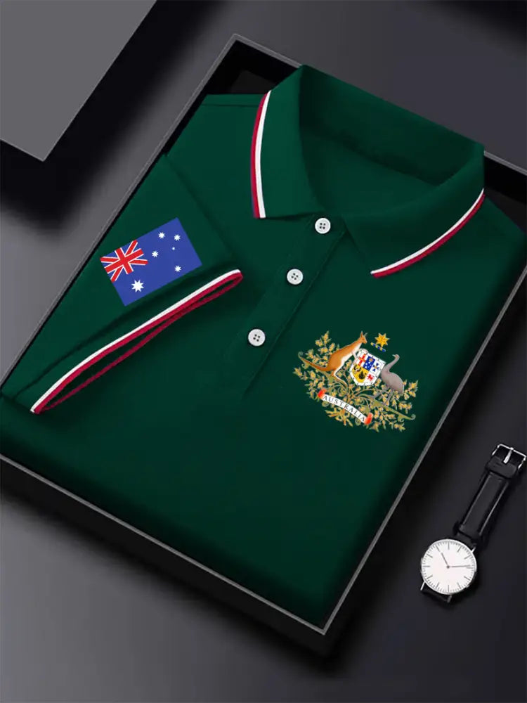Men’s Vintage Australian Flag Crest Printed Casual Cotton Short Sleeve Polo Shirt Green / S