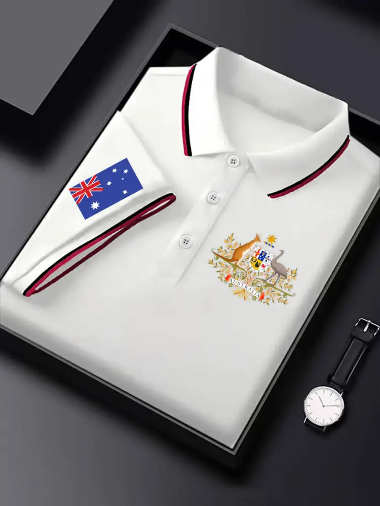 Men’s Vintage Australian Flag Crest Printed Casual Cotton Short Sleeve Polo Shirt White / S