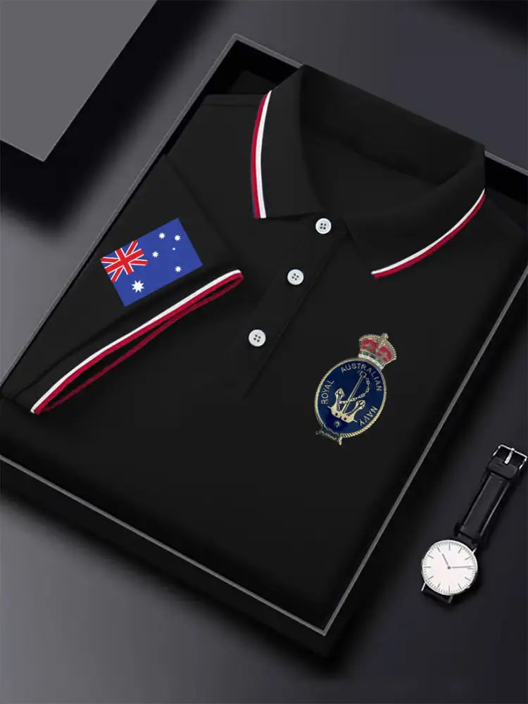 Men’s Vintage Australian Flag Emblem Printed Casual Cotton Short Sleeve Polo Shirt Black / S