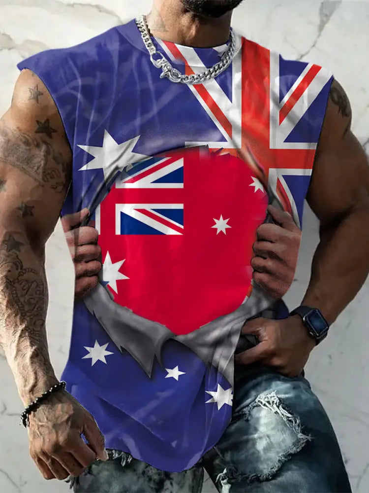 Men’s Vintage Australian Flag Hand Tearaway Design Print Comfortable Casual Cotton Tank Top Dark Blue / S