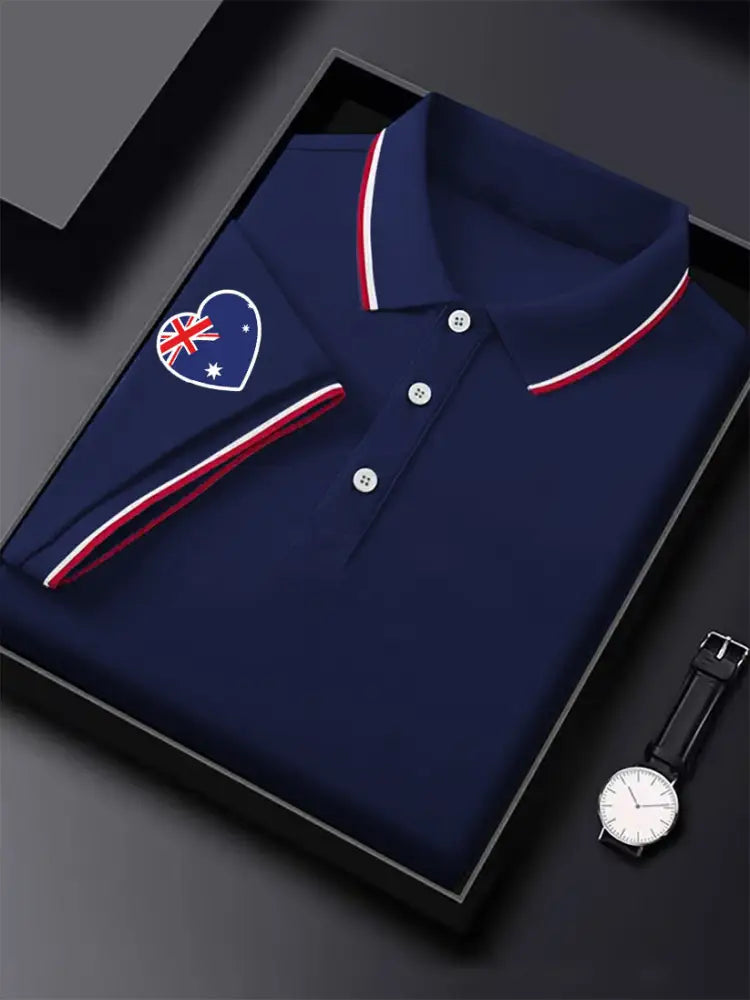 Men’s Vintage Australian Flag Heart Printed Casual Cotton Short Sleeve Polo Shirt Dark Blue / S