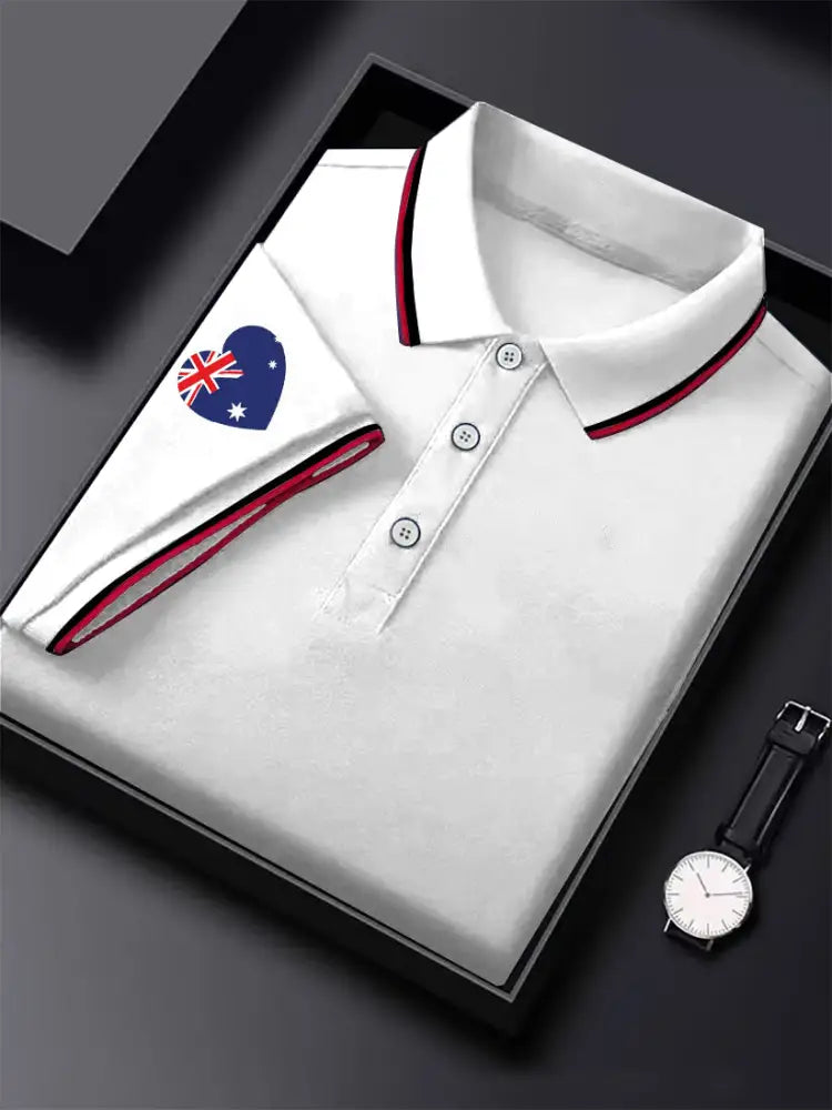 Men’s Vintage Australian Flag Heart Printed Casual Cotton Short Sleeve Polo Shirt White / S