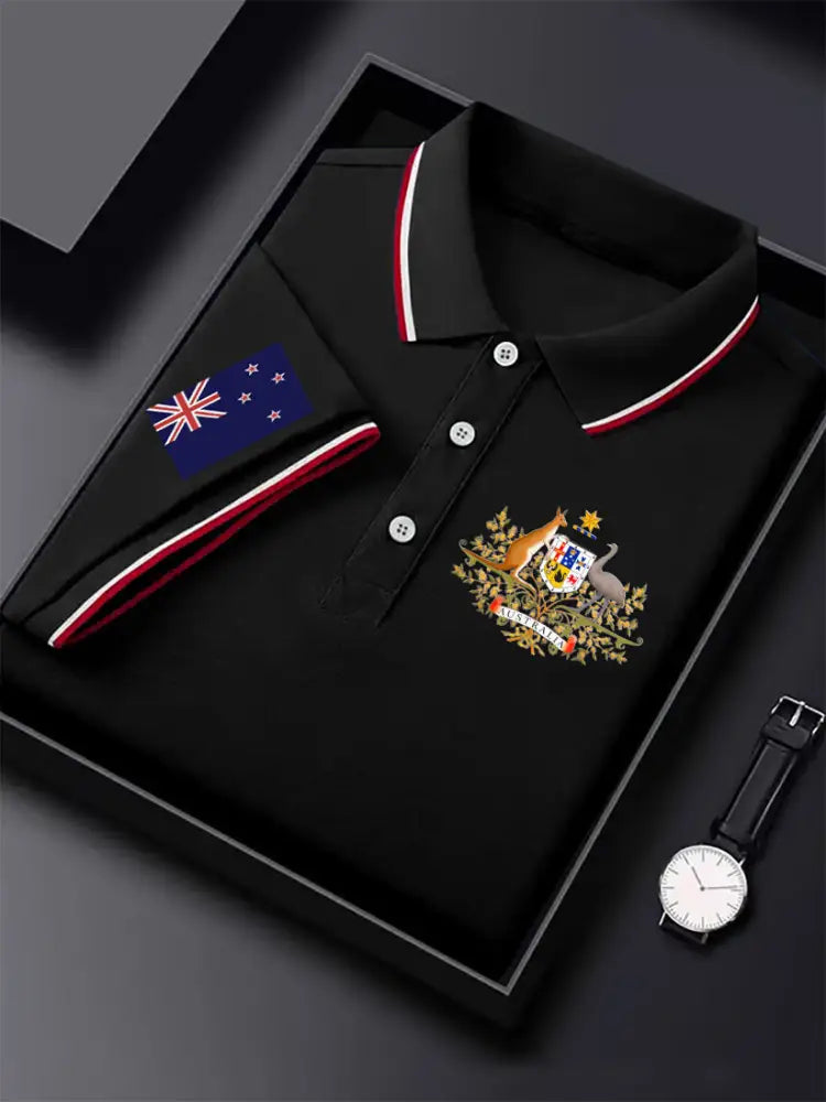 Men’s Vintage Australian Flag Kangaroo and Emu Badge Printed Business Casual Cotton Short Sleeve Polo Shirt Black / S