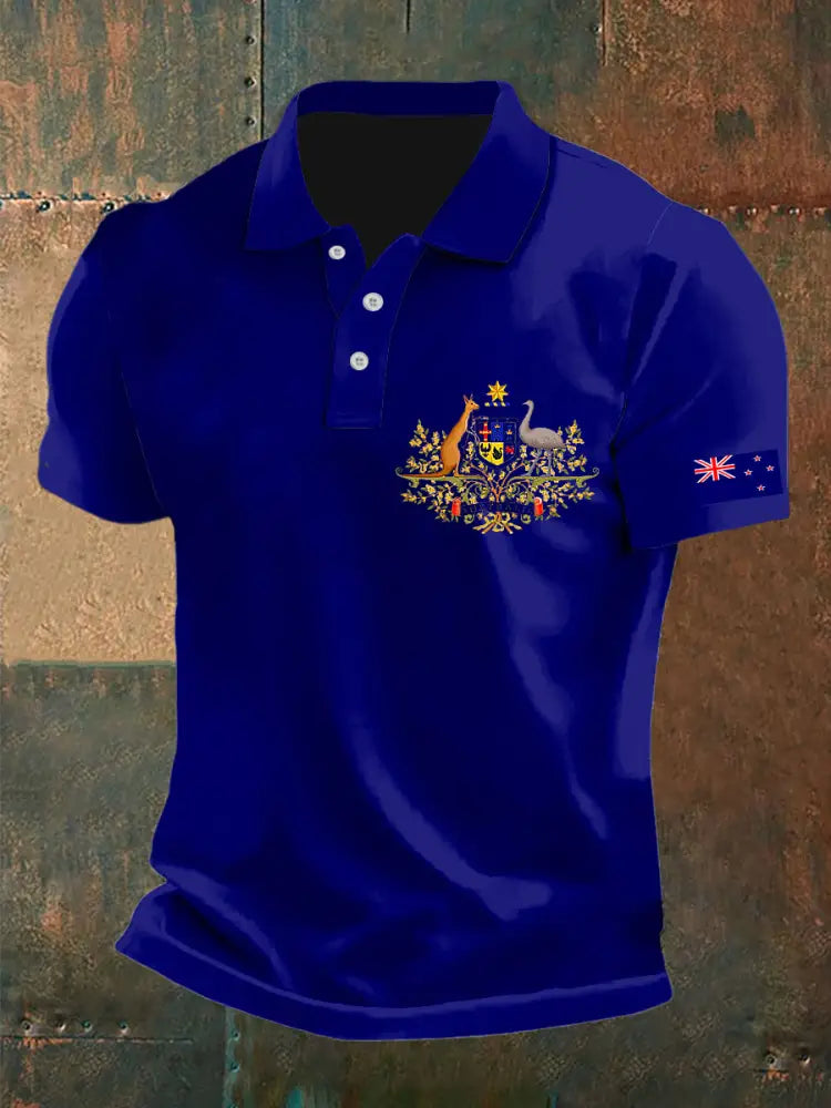 Men’s Vintage Australian Flag Kangaroo and Emu Badge Printed Business Casual Cotton Short Sleeve Polo Shirt Blue / S