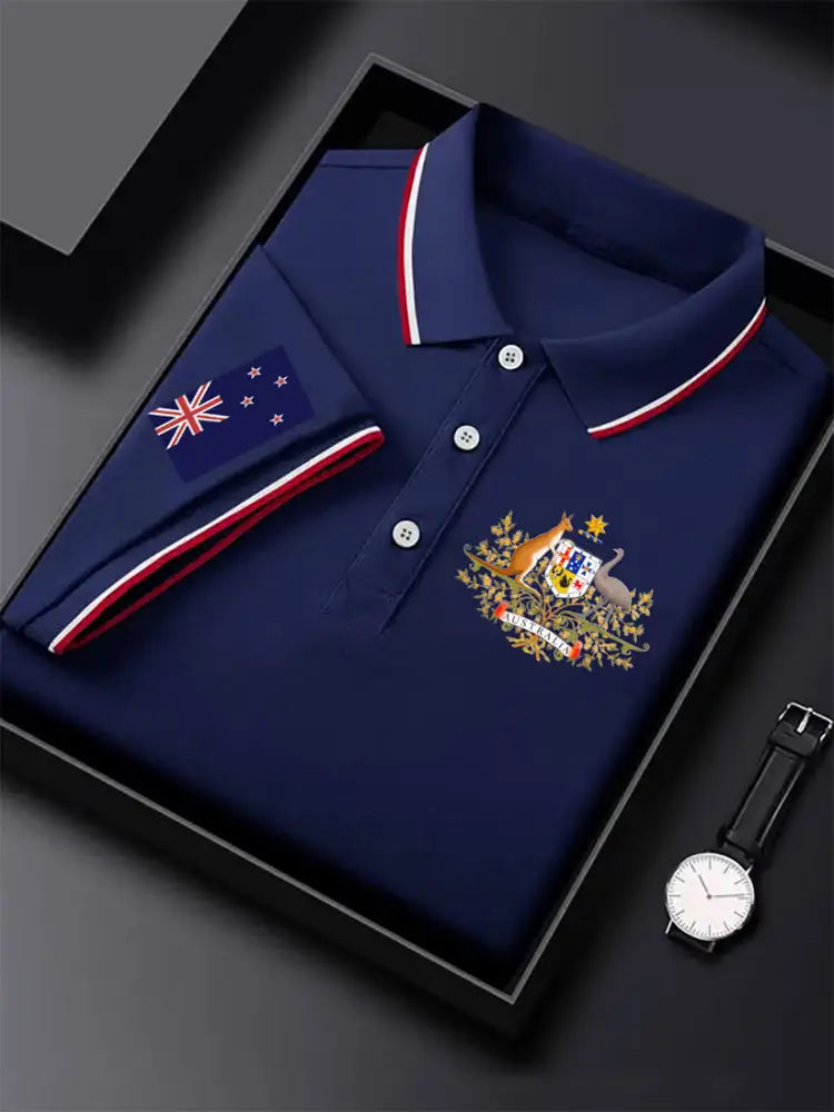 Men’s Vintage Australian Flag Kangaroo and Emu Badge Printed Business Casual Cotton Short Sleeve Polo Shirt Dark Blue