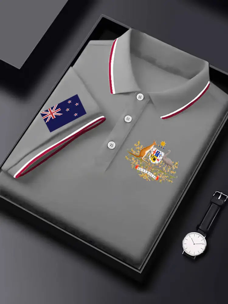 Men’s Vintage Australian Flag Kangaroo and Emu Badge Printed Business Casual Cotton Short Sleeve Polo Shirt Gray / S