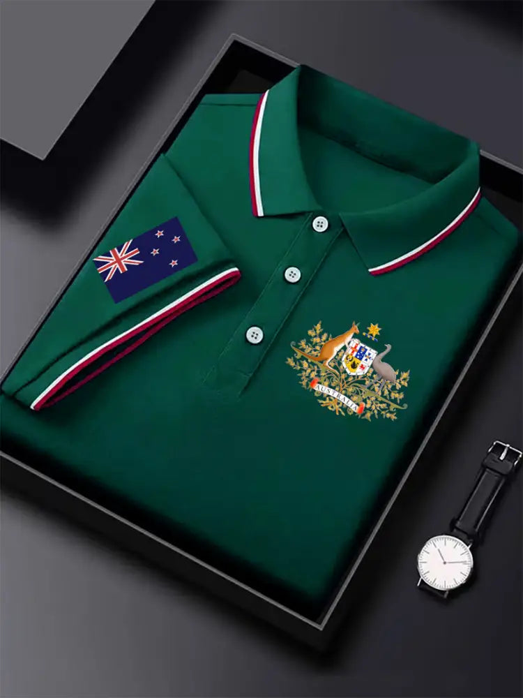 Men’s Vintage Australian Flag Kangaroo and Emu Badge Printed Business Casual Cotton Short Sleeve Polo Shirt Green / S