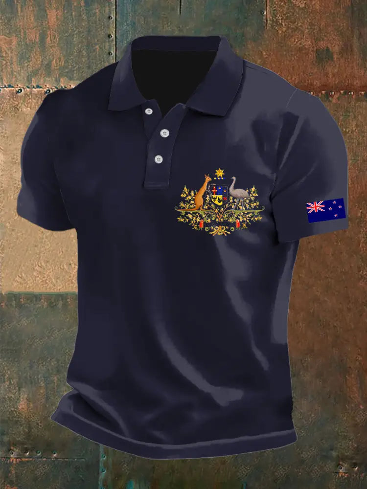Men’s Vintage Australian Flag Kangaroo and Emu Badge Printed Business Casual Cotton Short Sleeve Polo Shirt Purple / S