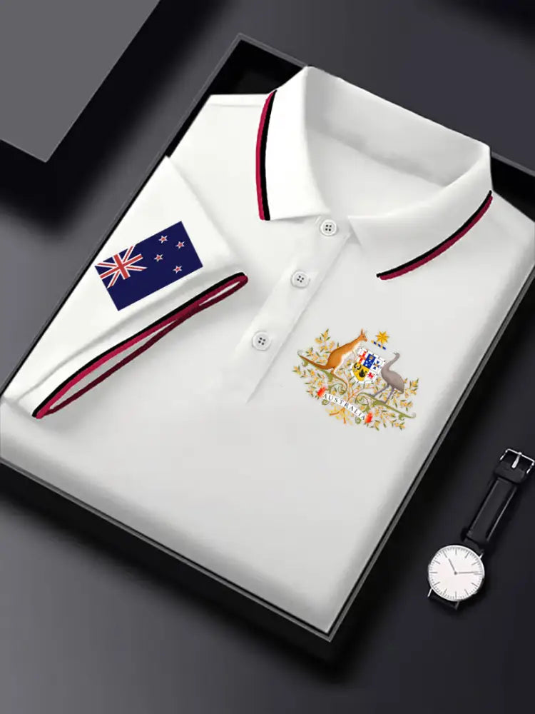 Men’s Vintage Australian Flag Kangaroo and Emu Badge Printed Business Casual Cotton Short Sleeve Polo Shirt White / S