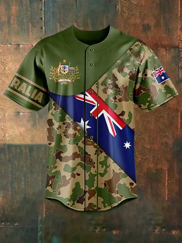 Men’s Vintage Australian Flag Kangaroo and Emu Camouflage Patchwork Print Casual Cotton Short Sleeve Shirt Baseball