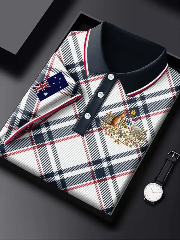 Men’s Vintage Australian Flag Line Check Print Casual Business Polo Shirt Colorful / S
