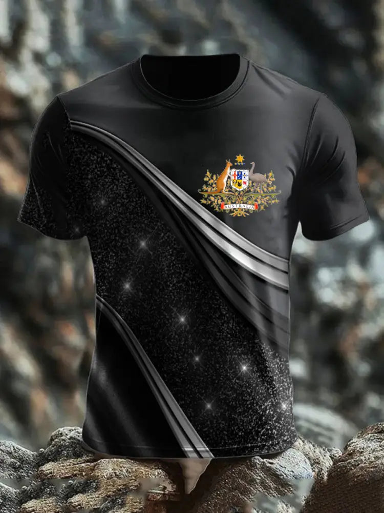 Men’s Vintage Australian Flag Line Patchwork Print Casual Cotton Short Sleeve T-Shirt Black / S