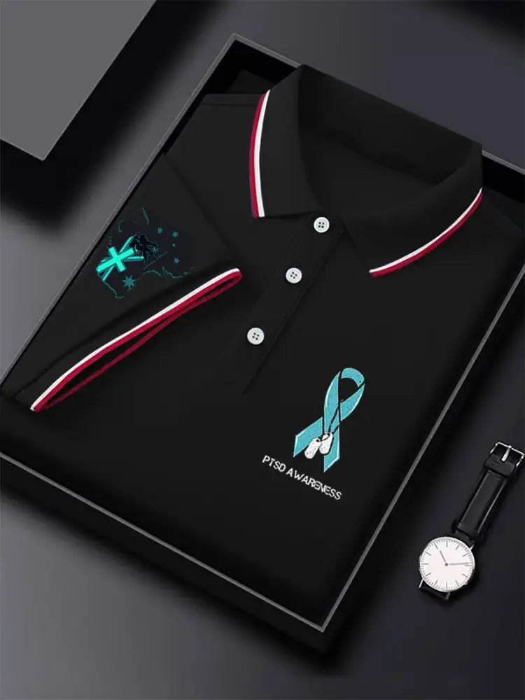 Men’s Vintage Australian Flag PTSD Disease Printed Casual Cotton Short Sleeve Polo Shirt Black / S