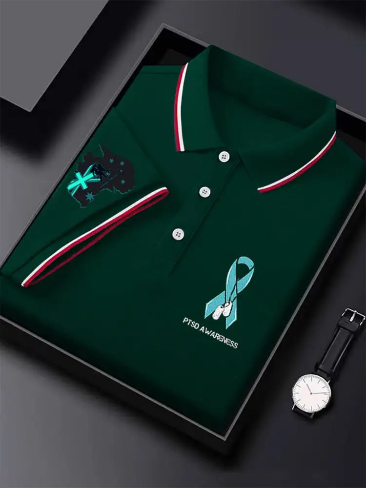 Men’s Vintage Australian Flag PTSD Disease Printed Casual Cotton Short Sleeve Polo Shirt Green / S