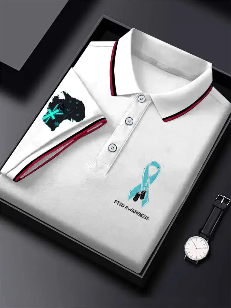 Men’s Vintage Australian Flag PTSD Disease Printed Casual Cotton Short Sleeve Polo Shirt White / S