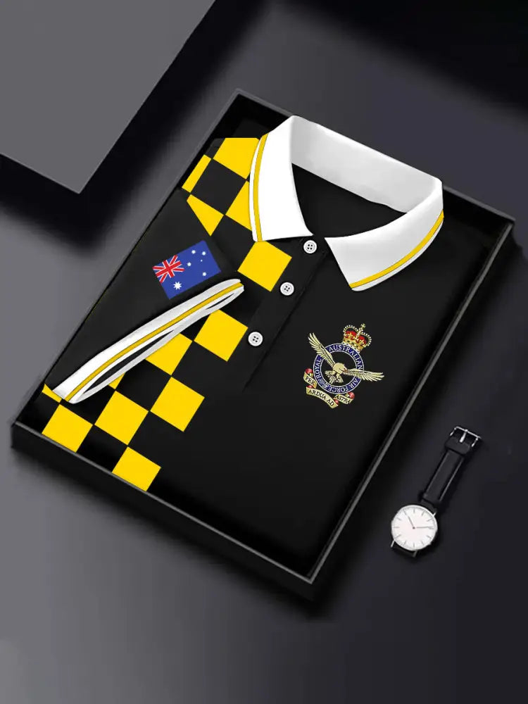 Men’s Vintage Australian Flag Royal Air Force Printed Casual Cotton Short Sleeve Polo Shirt Yellow / S