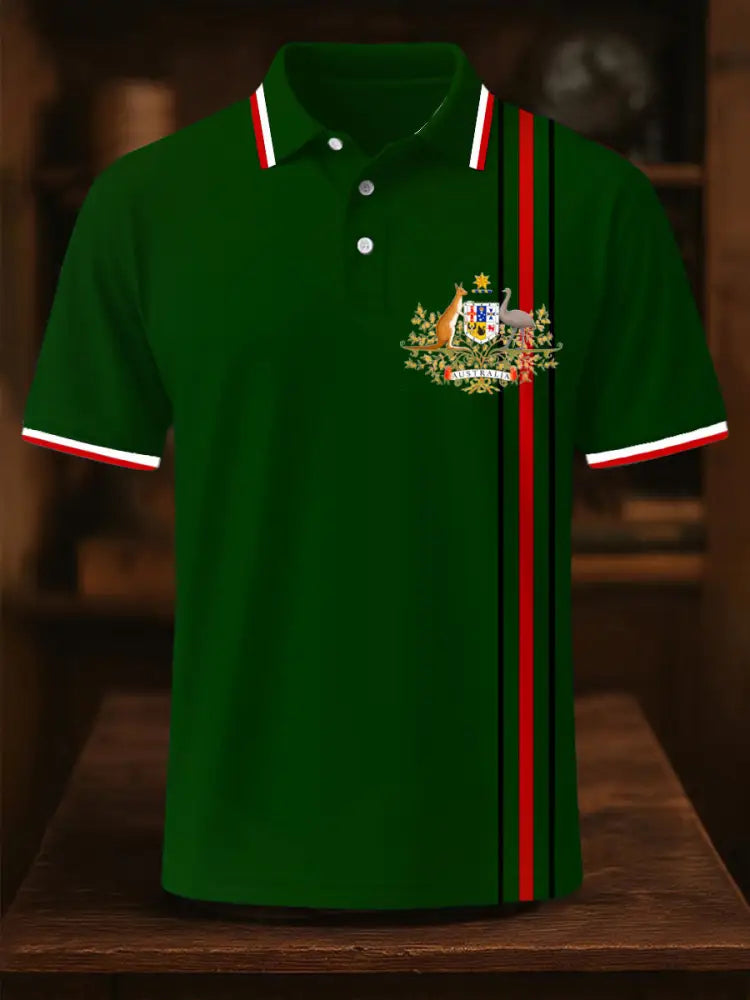 Men’s Vintage Australian Kangaroo and Emu Flag Colour Blocking Printed Casual Cotton Short Sleeve Polo Shirt Green / S