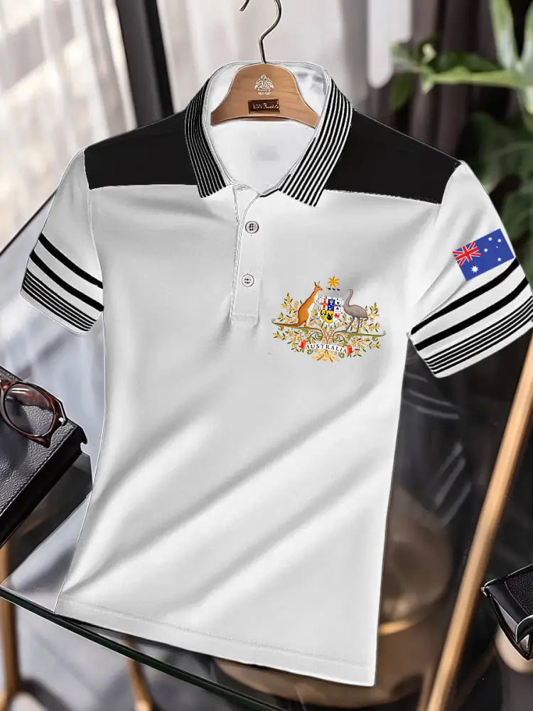 Men’s Vintage Australian Kangaroo and Emu Flag Colour Blocking Printed Casual Cotton Short Sleeve Polo Shirt White / S