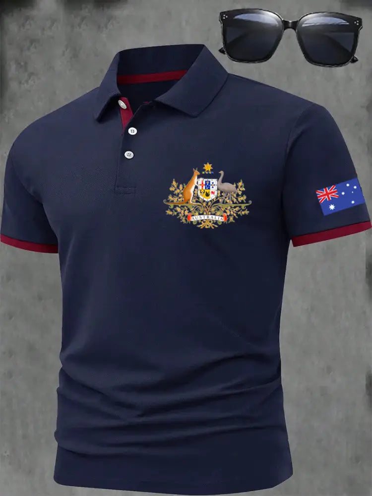 Men’s Vintage Australian Kangaroo and Emu Flag Printed Casual Cotton Short Sleeve Polo Shirt Dark Blue / S