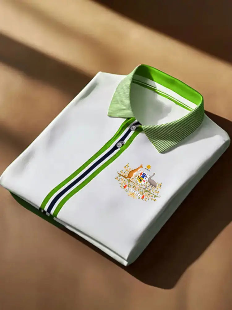 Men’s Vintage Australian Kangaroo and Emu Flag Printed Casual Cotton Short Sleeve Polo Shirt Green / S