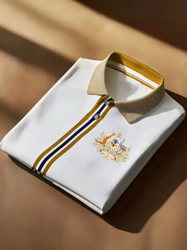 Men’s Vintage Australian Kangaroo and Emu Flag Printed Casual Cotton Short Sleeve Polo Shirt Yellow / S