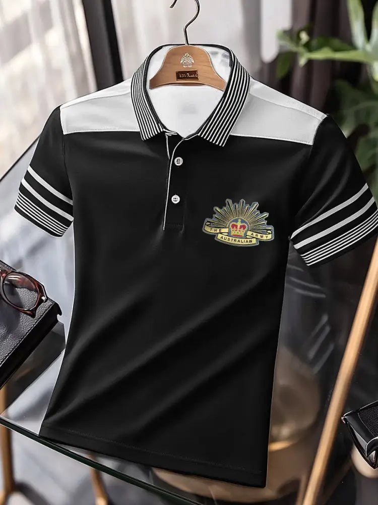 Men’s Vintage Australian Patriotic Flag Emblem Crown Printed Casual Cotton Short Sleeve Polo Shirt Black / S