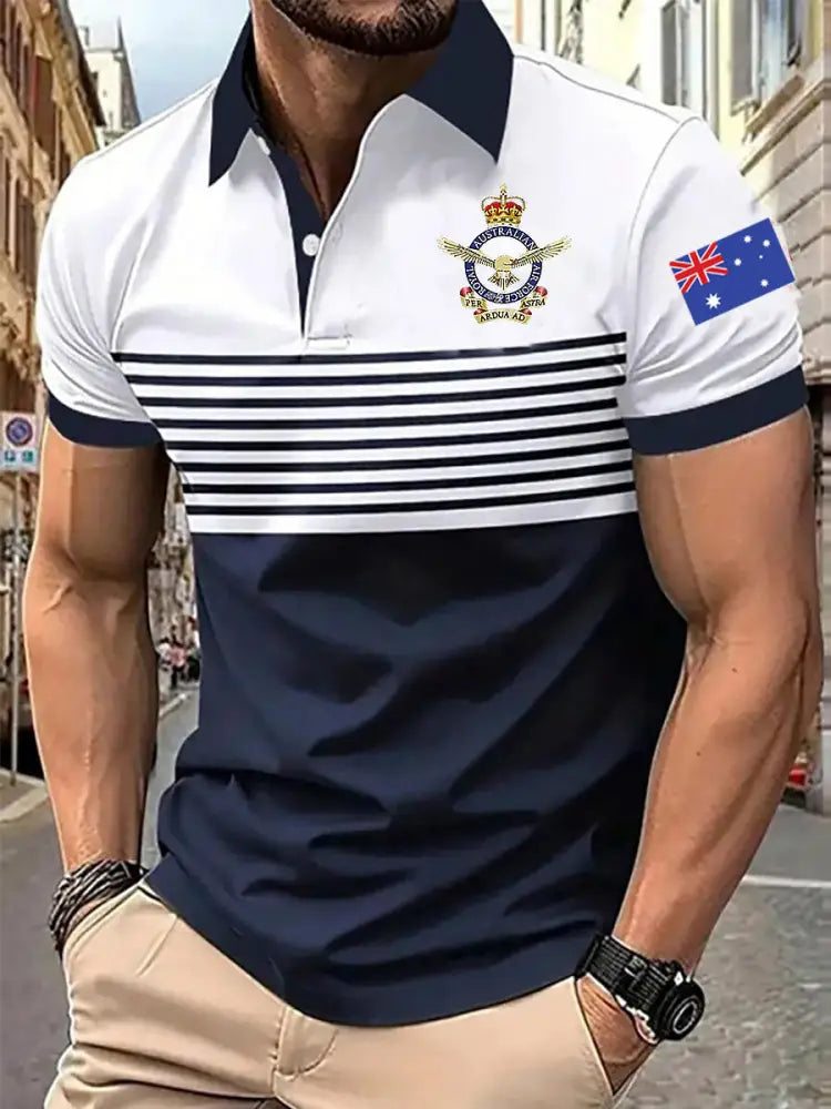 Men’s Vintage Australian Patriotic Flag Emblem Crown Printed Casual Cotton Short Sleeve Polo Shirt Blue / S