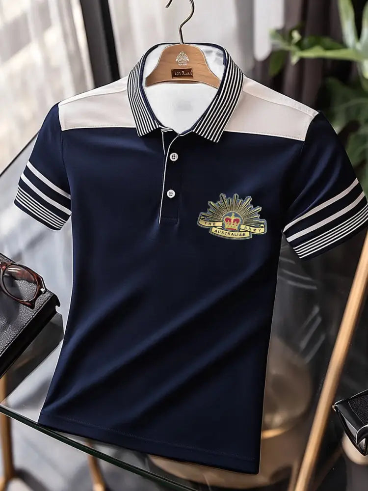 Men’s Vintage Australian Patriotic Flag Emblem Crown Printed Casual Cotton Short Sleeve Polo Shirt Dark Blue / S