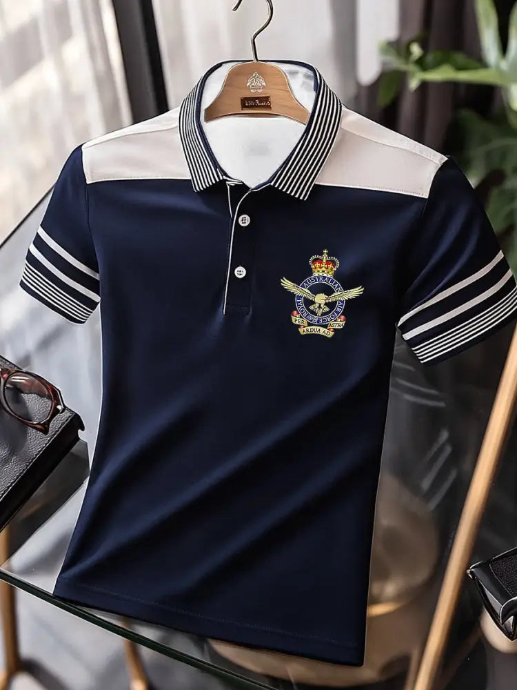 Men’s Vintage Australian Patriotic Flag Emblem Printed Casual Cotton Short Sleeve Polo Shirt Dark Blue / S