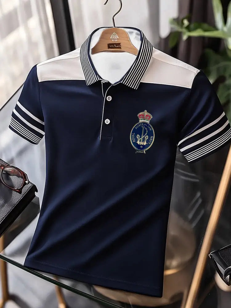Men’s Vintage Australian Patriotic Flag Emblem Printed Casual Cotton Short Sleeve Polo Shirt Dark Blue / S