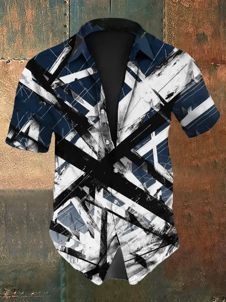 Men’s Vintage Guitar Colourful Lines Festival Abstract Print Casual Cotton Short Sleeve Shirt Blue / S