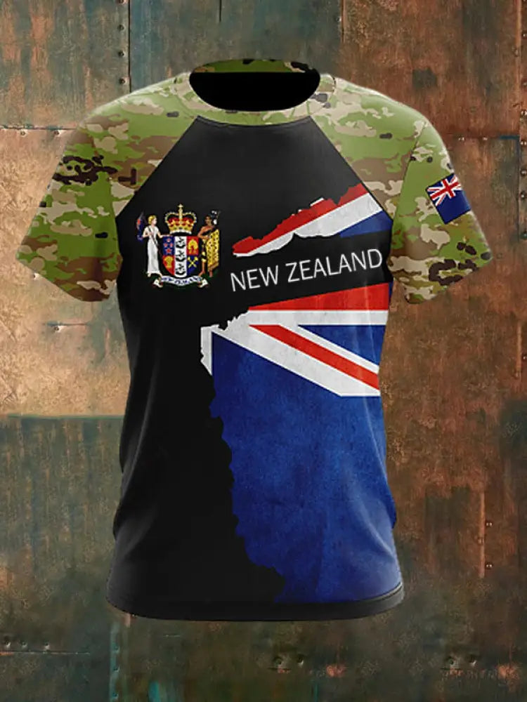 Men’s Vintage New Zealand Flag Camouflage Print Casual Cotton Short Sleeve T-Shirt Green / S