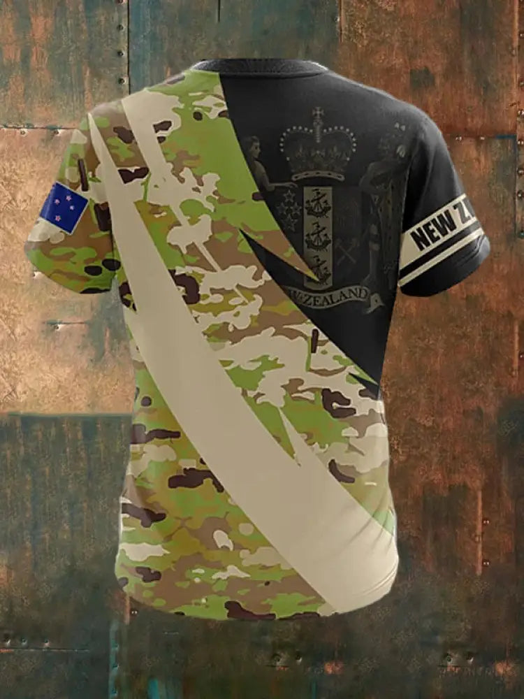 Men’s Vintage New Zealand Flag Crown Camouflage Print Casual Cotton Short Sleeve T-Shirt