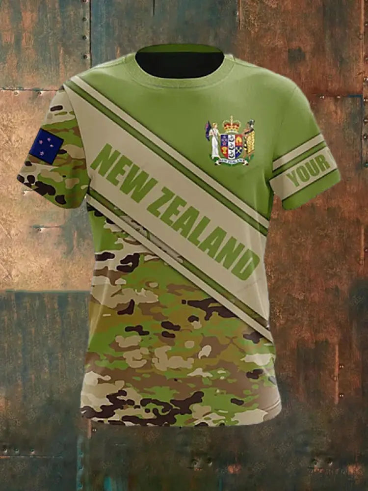 Men’s Vintage New Zealand Flag Crown Camouflage Print Casual Cotton Short Sleeve T-Shirt Green / S