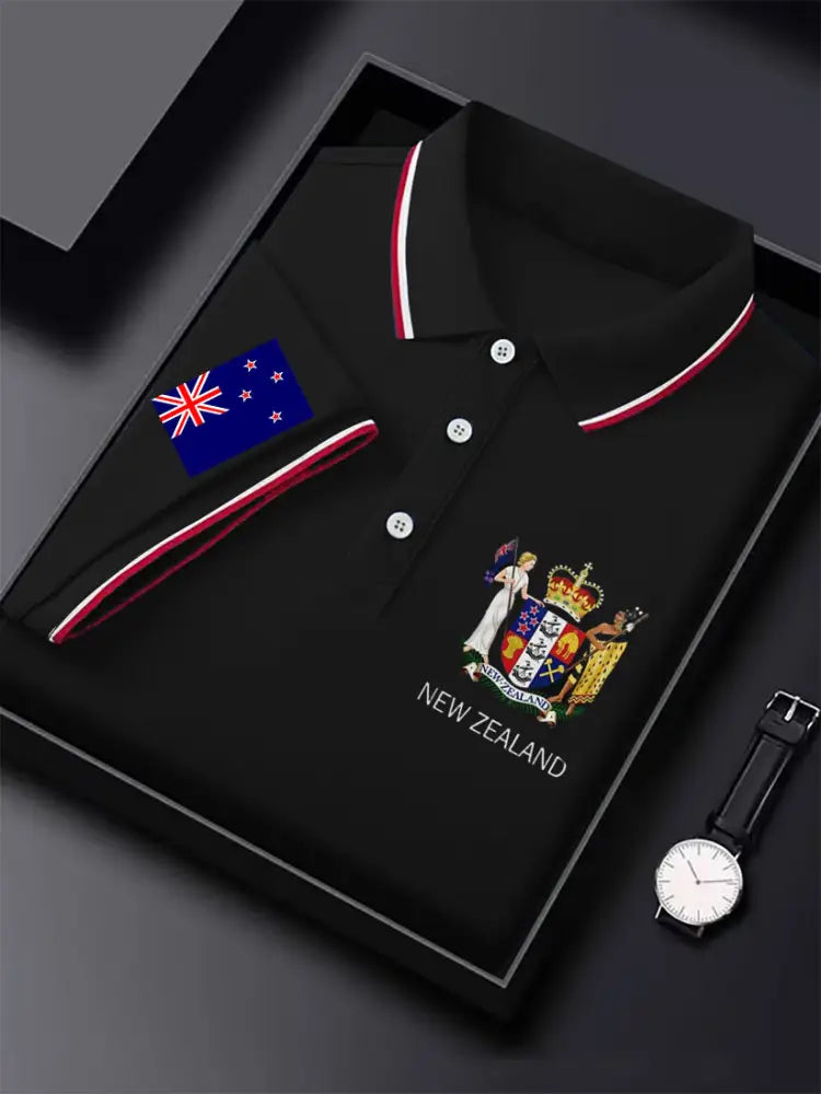 Men’s Vintage New Zealand Flag Crown Printed Casual Cotton Short Sleeve Polo Shirt Black / S